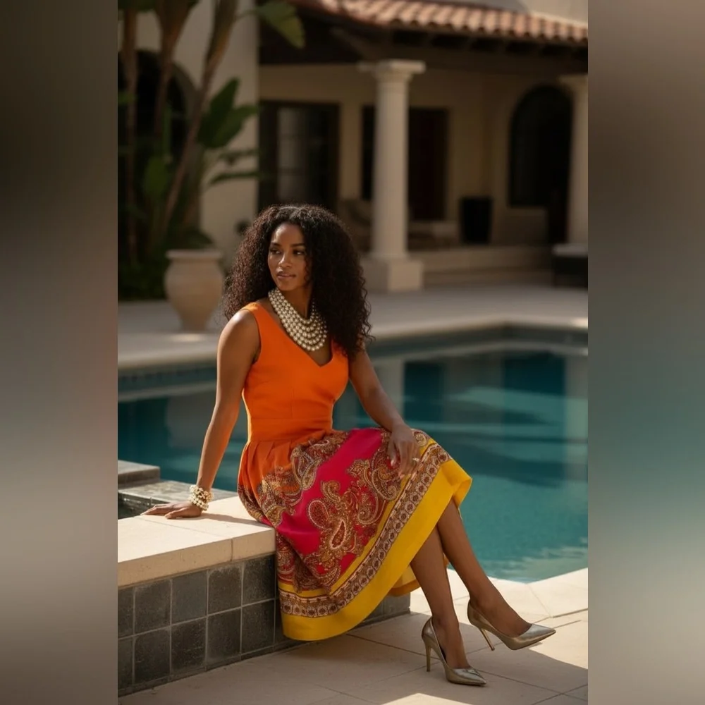 Spense Orange and Pink Paisley Midi Dress☑️ - Picture 4 of 5